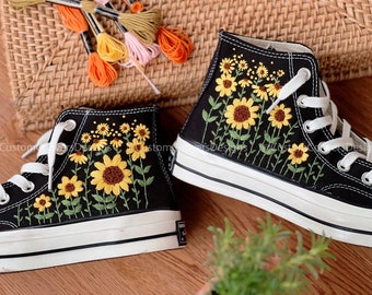 Embroidered converse/Floral Converse/Converse High Tops The Hill Of Brilliant Sunflowers/Embroidered Sneakers Logo Big Sunflower/Best Gifts