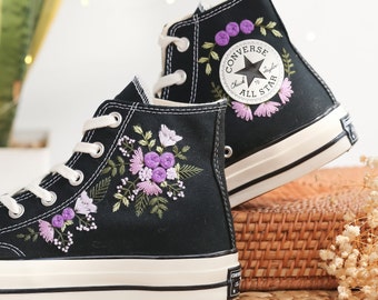 Custom Embroidered Converse High Tops, Purple Flowers Embroidered Shoes Women, Floral Embroidery Converse, Wedding Sneakers, Gift for Her