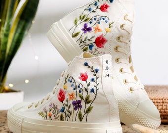 Custom Wedding Converse Platform, Flowers Embroidered Platform Shoes, Converse Embroidered Bridal Bouquets, Personalized Bridal Sneaker