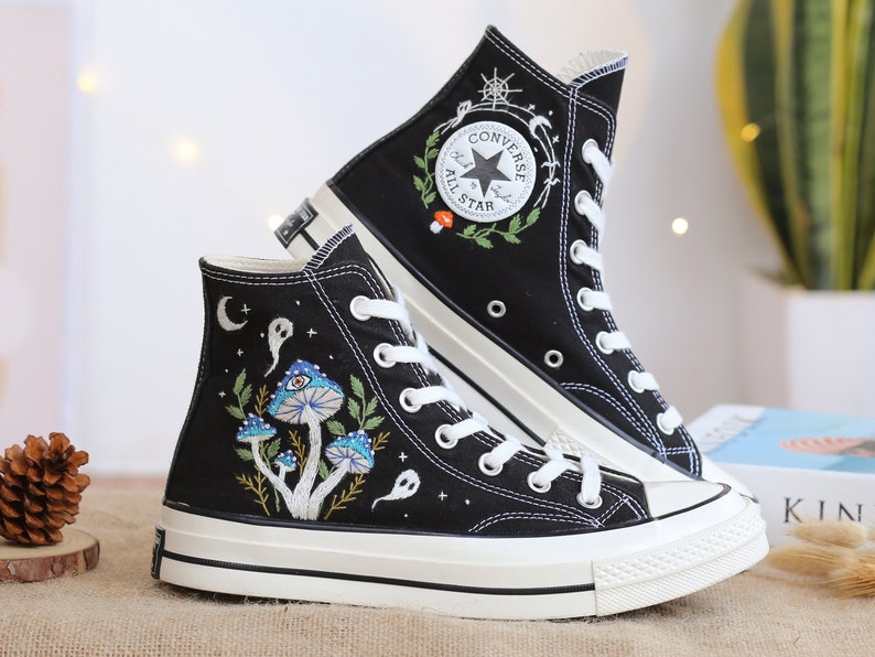 Custom Shoes Embroidered Ghosts and Mushrooms Sneakers, Custom Converse Chuck Taylor Embroidered  Mushrooms, Mushrooms Embroidered Sneakers