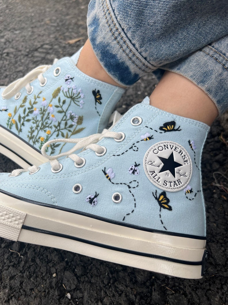 Embroidered converse/Converse High Tops Garden Of Chrysanthemums, Dandelions, Butterflies and Ladybugs/Embroidered Sneakers/Gifts For Her image 7