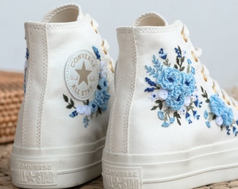 Embroidered Wedding Converse Platform, Wedding Flowers Embroidered Platform Shoes, Bridal Flowers Embroidered Sneakers, Wedding Gifts