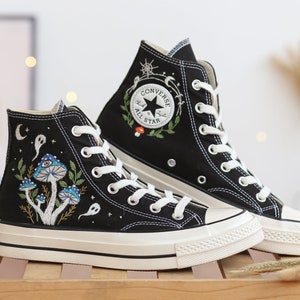 Custom Shoes Embroidered Ghosts and Mushrooms Sneakers, Custom Converse Chuck Taylor Embroidered  Mushrooms, Mushrooms Embroidered Sneakers