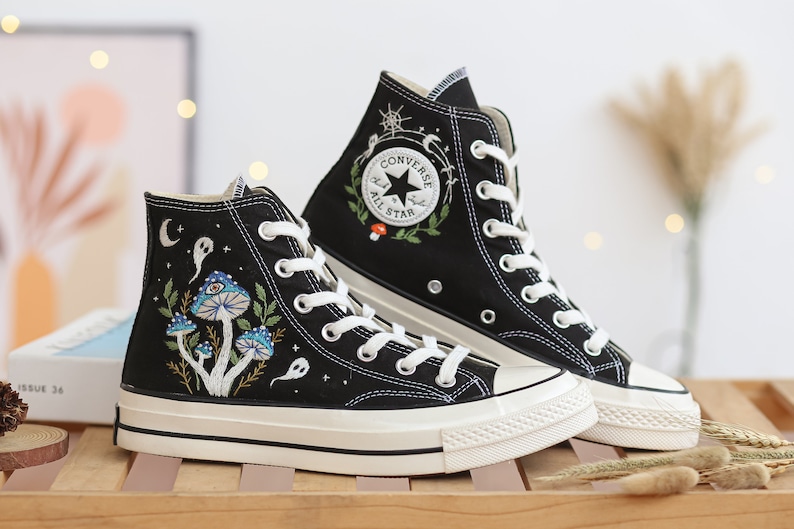 Custom Shoes Embroidered Ghosts and Mushrooms Sneakers, Custom Converse Chuck Taylor Embroidered  Mushrooms, Mushrooms Embroidered Sneakers