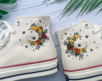 Converse High Tops Custom/ Converse Chuck Taylor 1970s Embroidery/ Embroidered Converse Colorful Moon Flower/ Embroidered Converse