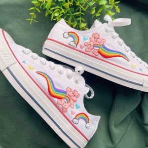 Embroidered Converse/Custom Bear And Rainbow, Custom LOW Flower Embroidery, Embroidered Mushrooms/Gift For Her