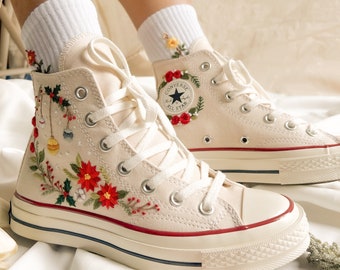 Converse High Tops/Converse Bordados/Zapatos Navideños Chuck Taylor Años 70/Bordado de Pino/Converse Flores Bordadas Navideñas