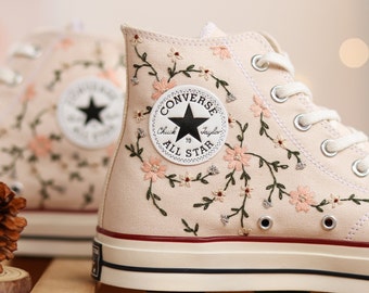 Custom Converse Embroidery, Pink Flower Embroidered Converse Custom, Floral Embroidered Shoes, Custom Wedding Converse Embroidered Flower