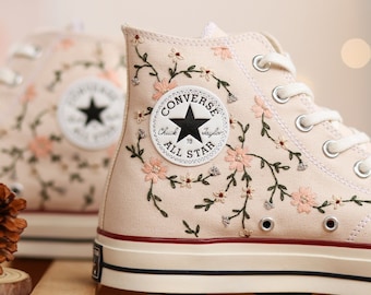 Custom Converse Embroidery, Pink Flower Embroidered Converse Custom, Floral Embroidered Shoes, Custom Wedding Converse Embroidered Flower