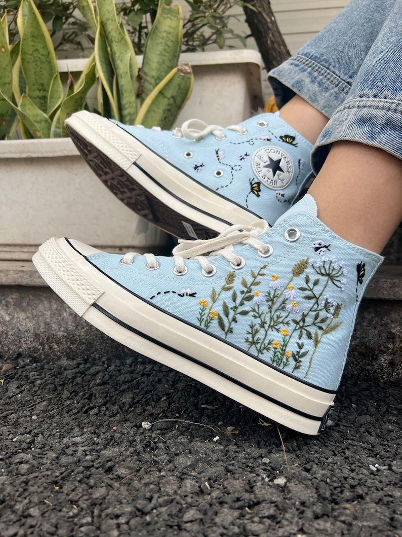 Embroidered converse/Converse High Tops Garden Of Chrysanthemums, Dandelions, Butterflies and Ladybugs/Embroidered Sneakers/Gifts For Her image 8