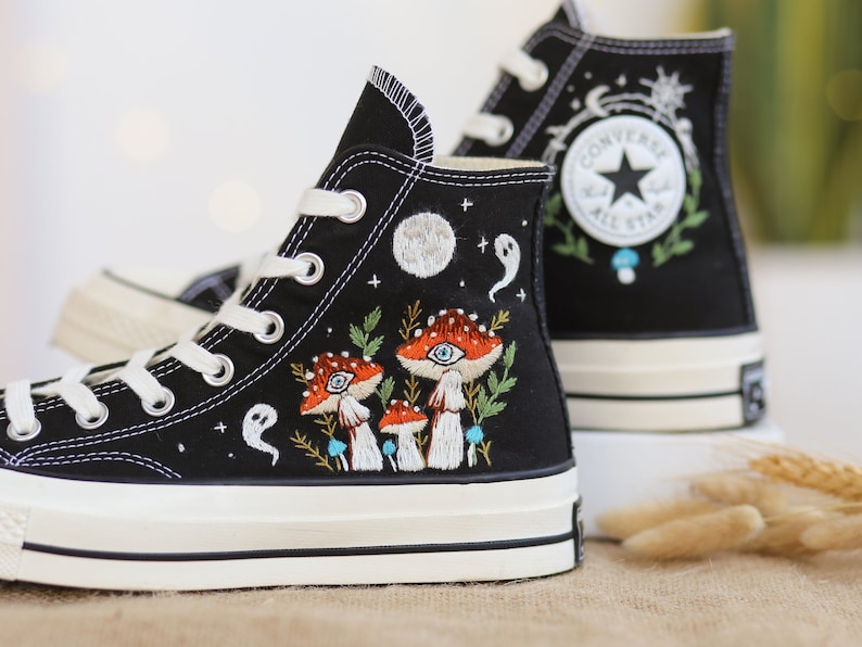 Custom Shoes Embroidered Ghosts and Mushrooms Sneakers, Custom Converse Chuck Taylor Embroidered  Mushrooms, Mushrooms Embroidered Sneakers