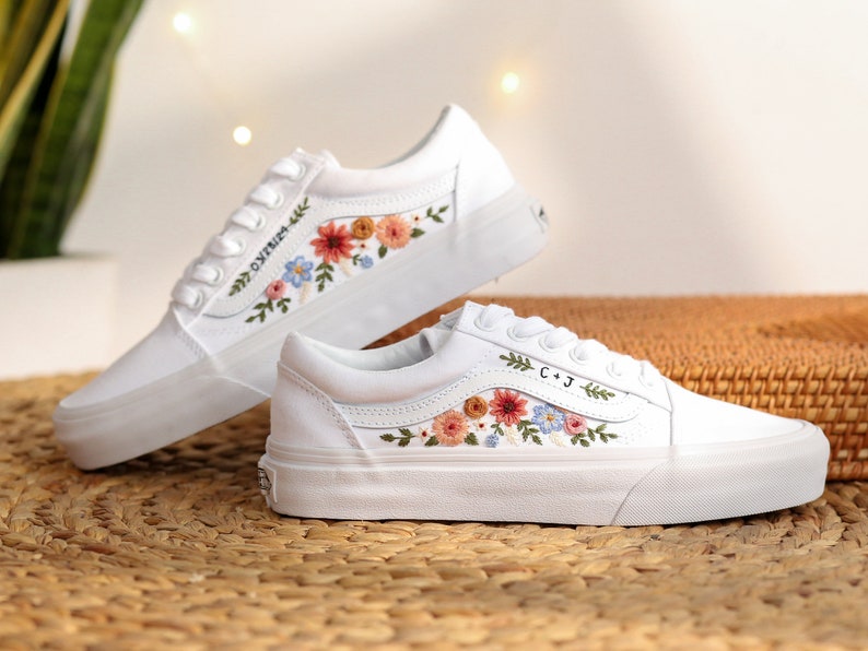 Custom Embroidered Vans, Wedding Vans Embroidery Floral, Bridal Flower Embroidered Shoes, Custom Name Embroidered Sneakers, Wedding Gifts