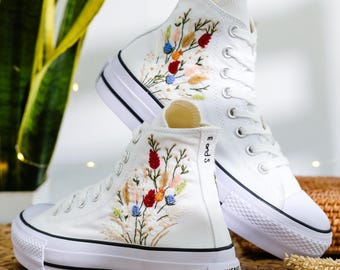 Custom Embroidered Converse Platform, Wildflowers Embroidered Shoes, Platform Converse Embroidery Flower, Custom Design Bridal Sneakers