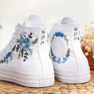 Wedding Converse For Bride, Blue Wedding Flowers Embroidered Shoes Custom, Bridal Flowers Embroidered Sneakers, Custom Converse For Wedding