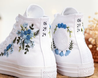 Wedding Converse For Bride, Blue Wedding Flowers Embroidered Shoes Custom, Bridal Flowers Embroidered Sneakers, Custom Converse For Wedding