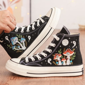 Custom Shoes Embroidered Ghosts and Mushrooms Sneakers, Custom Converse Chuck Taylor Embroidered  Mushrooms, Mushrooms Embroidered Sneakers