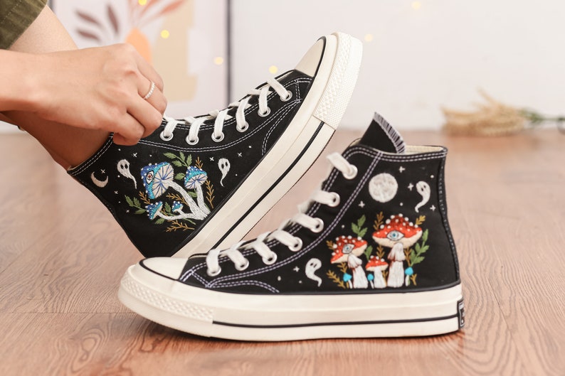 Custom Shoes Embroidered Ghosts and Mushrooms Sneakers, Custom Converse Chuck Taylor Embroidered  Mushrooms, Mushrooms Embroidered Sneakers