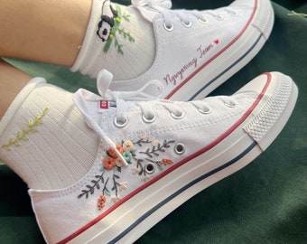 Embroidered Converse/Wedding Converse/Converse Low Tops Flower/Converse Custom Wedding Name/Embroidered Sneakers