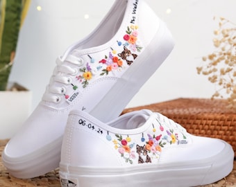 Hochzeitsblumen gestickte Vans für Braut, individuelle Vans gestickte Blumen, Haustier gestickte Vans Slip-On, Hochzeits-Vans, Geschenk für Hochzeit