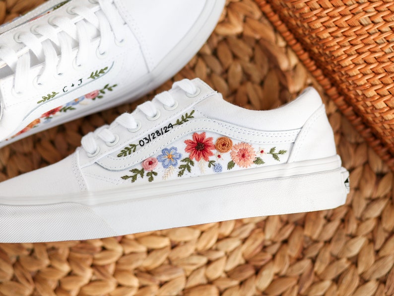 Custom Embroidered Vans, Wedding Vans Embroidery Floral, Bridal Flower Embroidered Shoes, Custom Name Embroidered Sneakers, Wedding Gifts