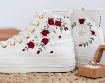 Custom Wedding Converse Platform, Burgundy Bridal Flower Embroidered Platform Shoes, Sneakers Embroidered Burgundy Bouquets, Wedding Gifts