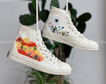 Embroidered Converse/Flower Converse/Custom Converse High Tops Desert And Cactus/ Custom Converse Chuck Taylor 1970s Logo Flower And Cactus