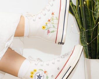 Niestandardowe haftowane buty Converse Chuck Taylor High Top, Converse haftowane kwiaty dzikie, niestandardowe buty ślubne z haftowanymi kwiatami, prezent dla dziewczyny