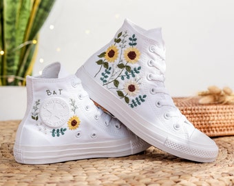 Wedding Sneakers For Bride, Sunflowers Embroidered Converse Custom, Bridal Sunflowers Embroidered Shoes, Custom Converse For Wedding Day