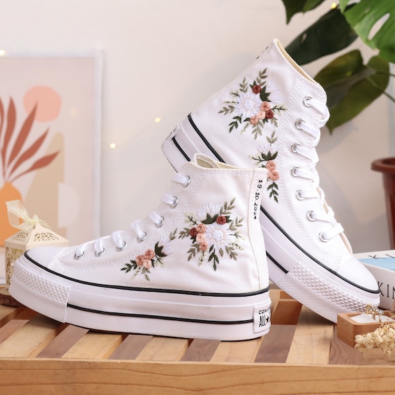 Custom Embroidered Wedding Converse High Tops Wedding Flowers