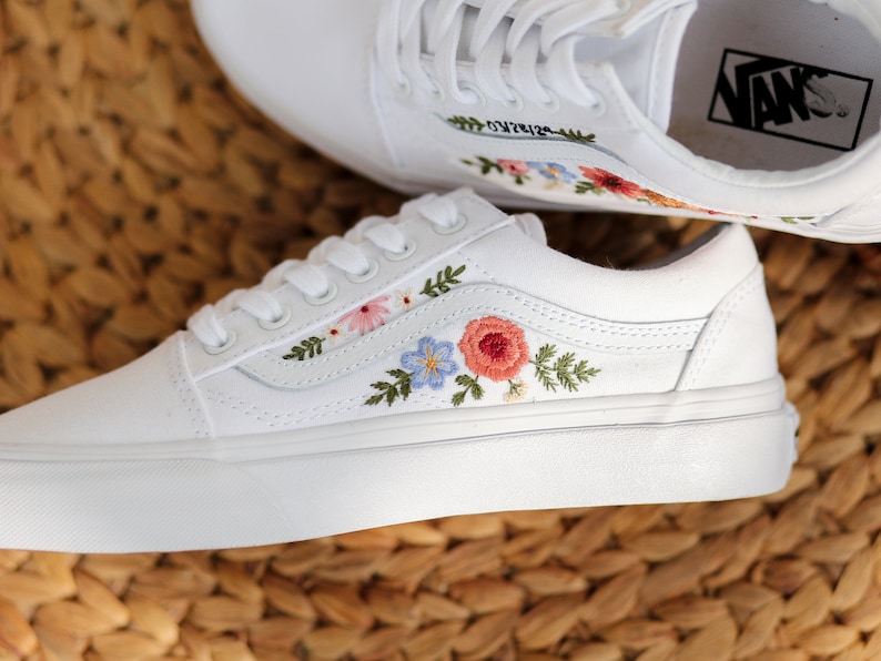 Custom Embroidered Vans, Wedding Vans Embroidery Floral, Bridal Flower Embroidered Shoes, Custom Name Embroidered Sneakers, Wedding Gifts