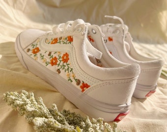 Custom Vans Shoes/ Embroidered Shoes/ Embroidered Vans Sweet Orange Flower Garden/ Embroidered Sneakers/ Wedding Shoes/ Custom Wedding Vans
