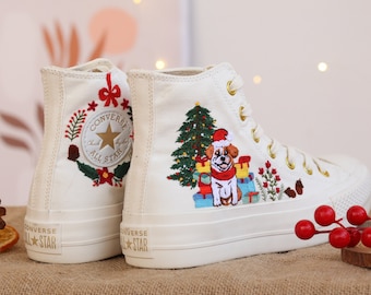 Zapatillas Converse navideñas bordadas, plataforma Converse con bordado de perro y Papá Noel, zapatos bordados con ambiente navideño, regalo de Navidad