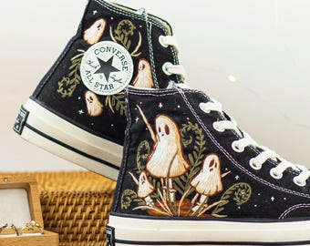Custom Converse Chuck Taylor Embroidered Garden Flowers, White Floral Embroidered Converse, Wildflowers Embroidery Shoes