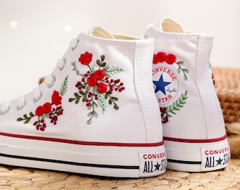 Embroidered Converse, Custom Flower Embroidered Shoes, Converse Embroidery Floral, Red Flower Embroidered Wedding Converse, Gift for Bride