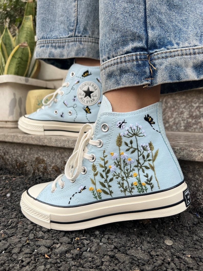 Embroidered converse/Converse High Tops Garden Of Chrysanthemums, Dandelions, Butterflies and Ladybugs/Embroidered Sneakers/Gifts For Her image 5