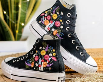 Custom Embroidered Converse Platform, Lavender, Mushroom Embroidered Converse High Tops, Sunflower , Wildflowers Embroidered Shoe Custom