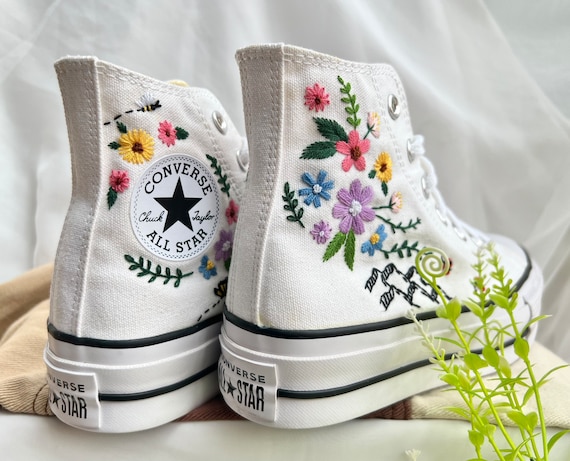 Embroidered Converse custom Converse Platform wedding Converse Mountain and Colorful Flowers custom Logo Butterfly best Gift for Her Etsy Israel