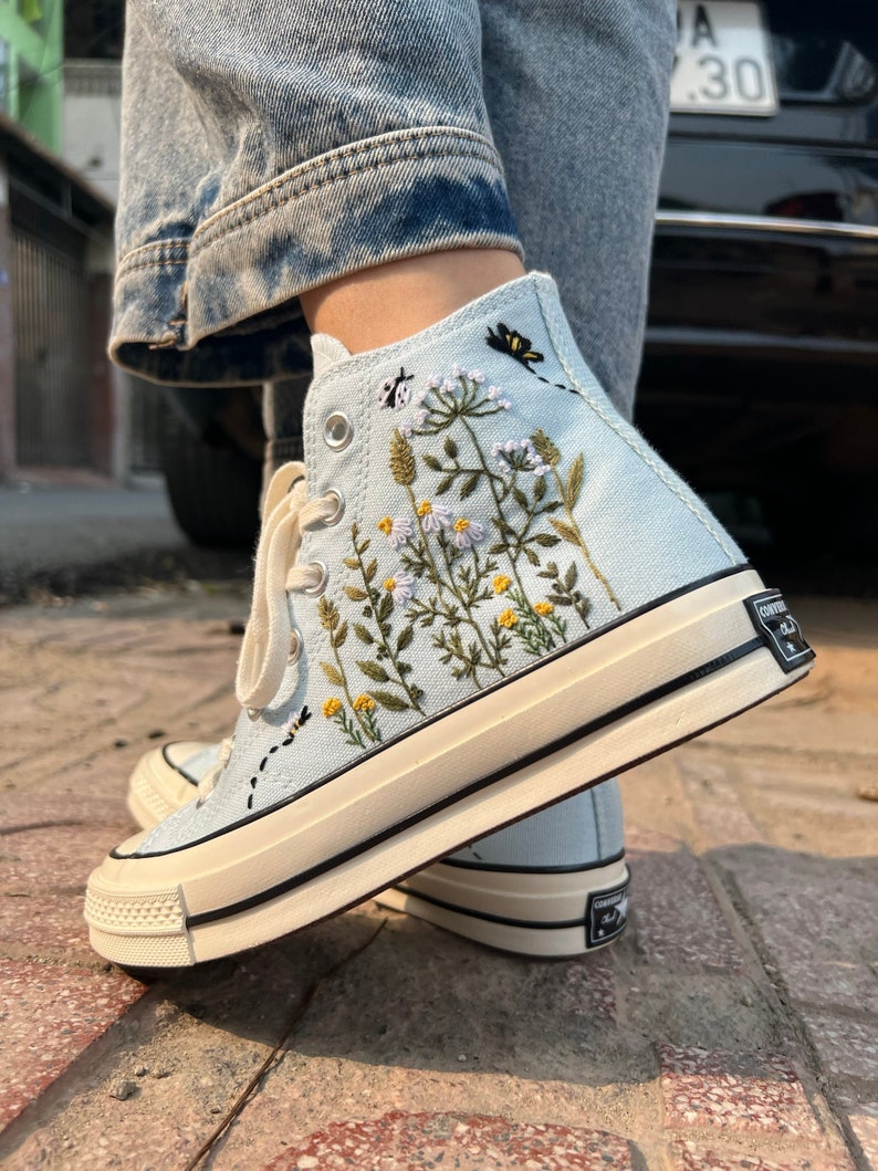 Embroidered converse/Converse High Tops Garden Of Chrysanthemums, Dandelions, Butterflies and Ladybugs/Embroidered Sneakers/Gifts For Her image 1