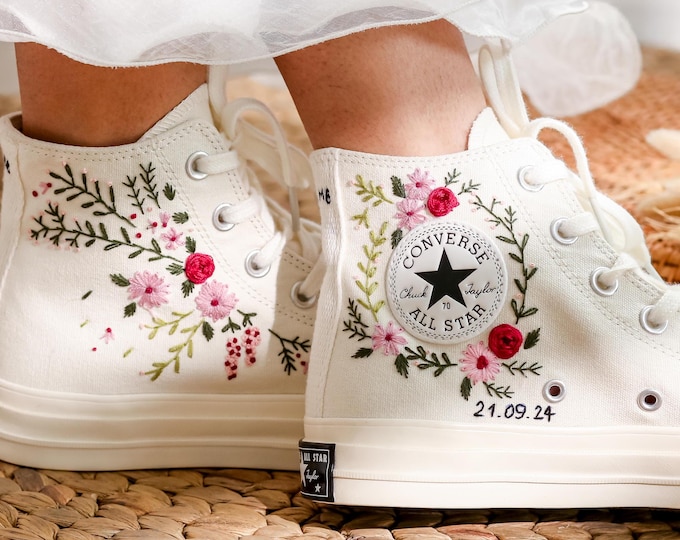 Bridal Converse Custom, Wedding Flowers Embroidered Converse Chuck Taylor 1970s, Embroidery Logo, Flower Embroidered Shoes, Wedding Gifts