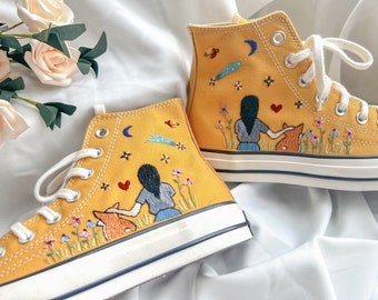 Embroidered Converse/Custom Converse High Tops Girl And Corgi Dog, Sweet Flower Garden, Starry Sky/ Converse Embroidery/Mommy And Me Outfits