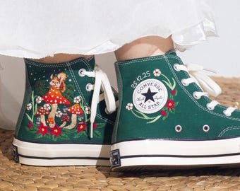 Converse Chuck Taylor Embroidered Custom Christmas, Converse Embroidery Squirrel Mushroom Forest & Floral, Personalized Shoes, Holiday Gift