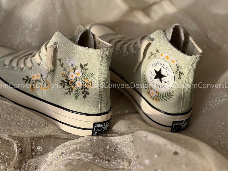 Bridal Converse/Embroidered converse/Custom Converse Chuck Taylor 1970s Floral Converse/Embroidery Logo/Wedding Converse/Converse White Rose image 6