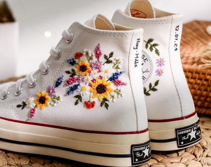 Wedding Converse Embroidered Floral, Custom Lavender Sunflower Embroidered Shoes for Bride, Bridal Flowers Embroidered Sneaker, Wedding Gift