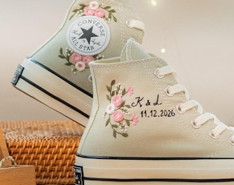 Sage Green Wedding Sneakers Rose Embroidered Converse: Custom Bridal Shoes Personalized Floral High Tops