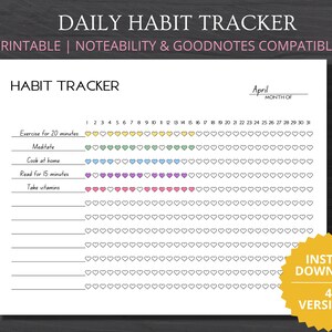 Minimalist Daily Habit Tracker, Monthly Printable Landscape Habit Tracker Template, Goodnotes & Notability Compatible, Instant Download
