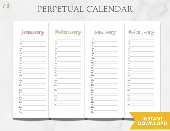 Perpetual Calendar Printable Perpetual Calendar Birthday - Etsy