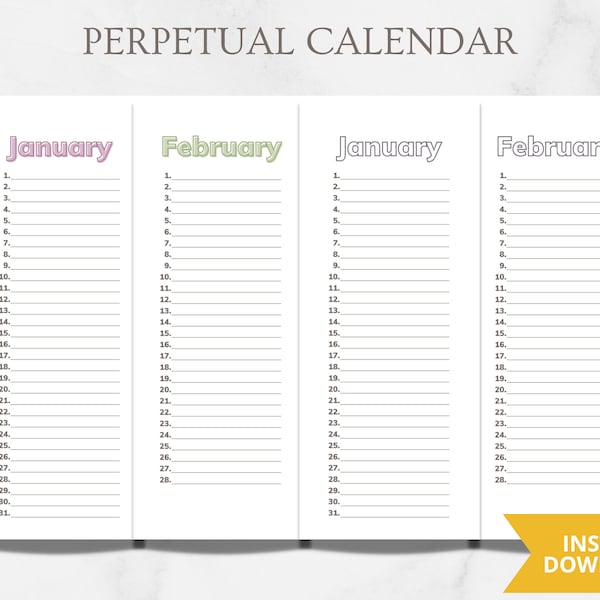 Perpetual Calendar, Printable Perpetual Calendar, Birthday Calendar, Anniversary Calendar, Minimalist Design