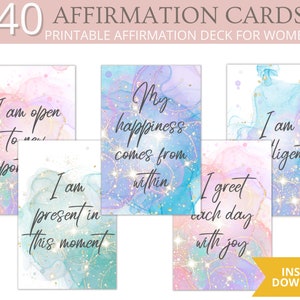 40 cartões de afirmação imprimíveis para mulheres, baralho de cartas de afirmação diária, cartões de positividade, cartões de manifestação, cartões motivacionais