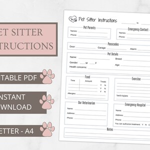 Pet Sitter Instructions, Pet Sitter Notes, Pet Sitter Checklist, Dog Sitter, Cat Sitter, Pet Sitter Printable, Pet Sitter Template PDF