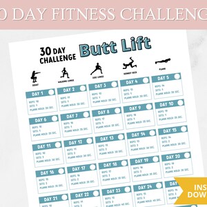 30 Day Butt Lift Challenge, Fitness Challenge Tracker, Workout Planner, Challenge Printable